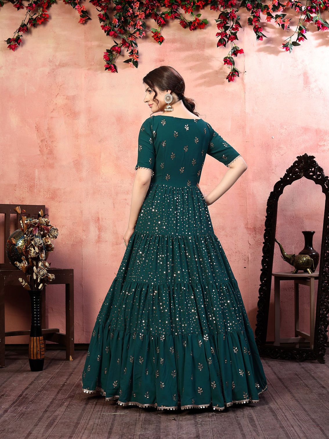 Casual Wear Green Georgette Gown With Fancy Sequins