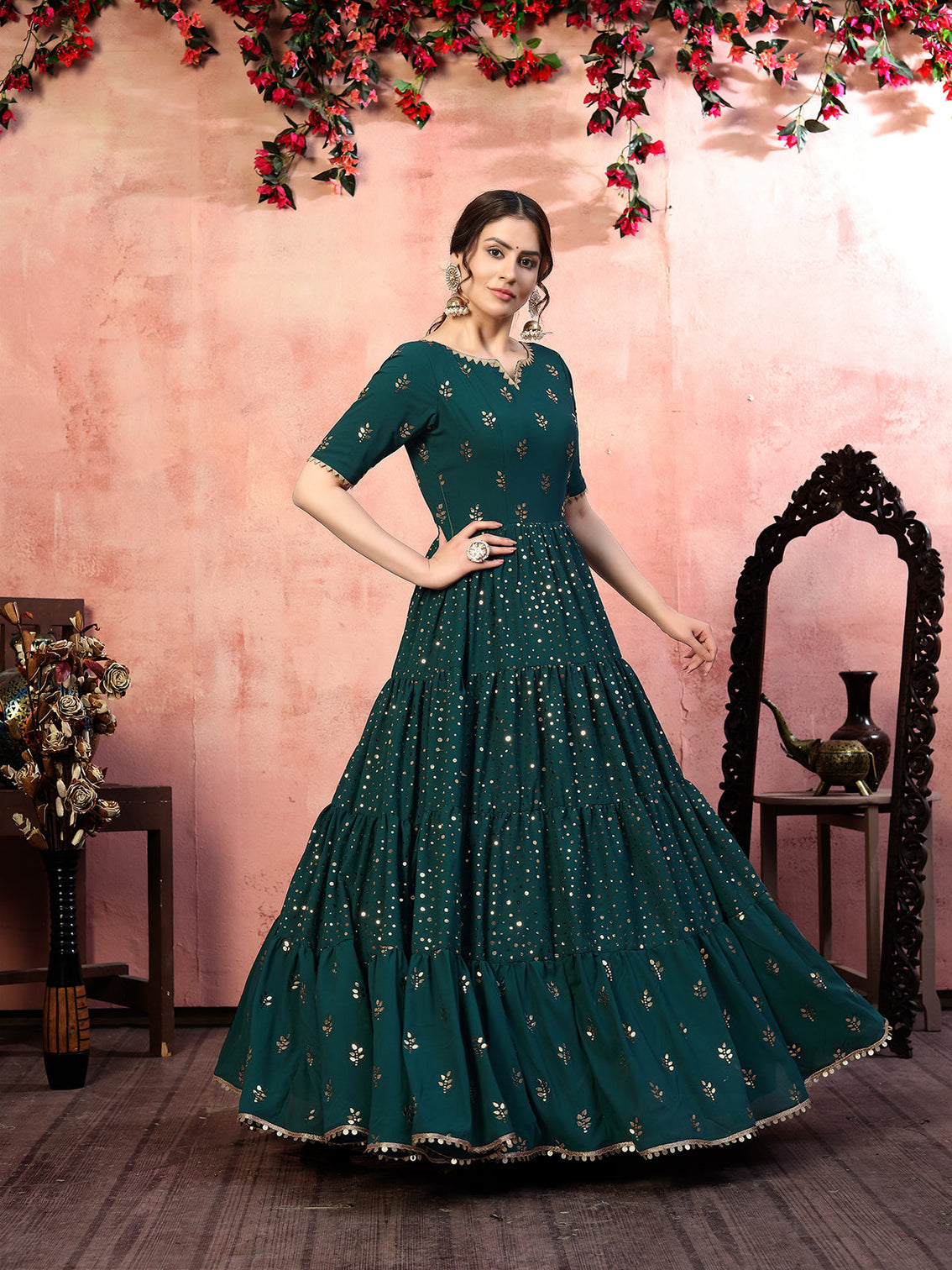Casual Wear Green Georgette Gown With Fancy Sequins