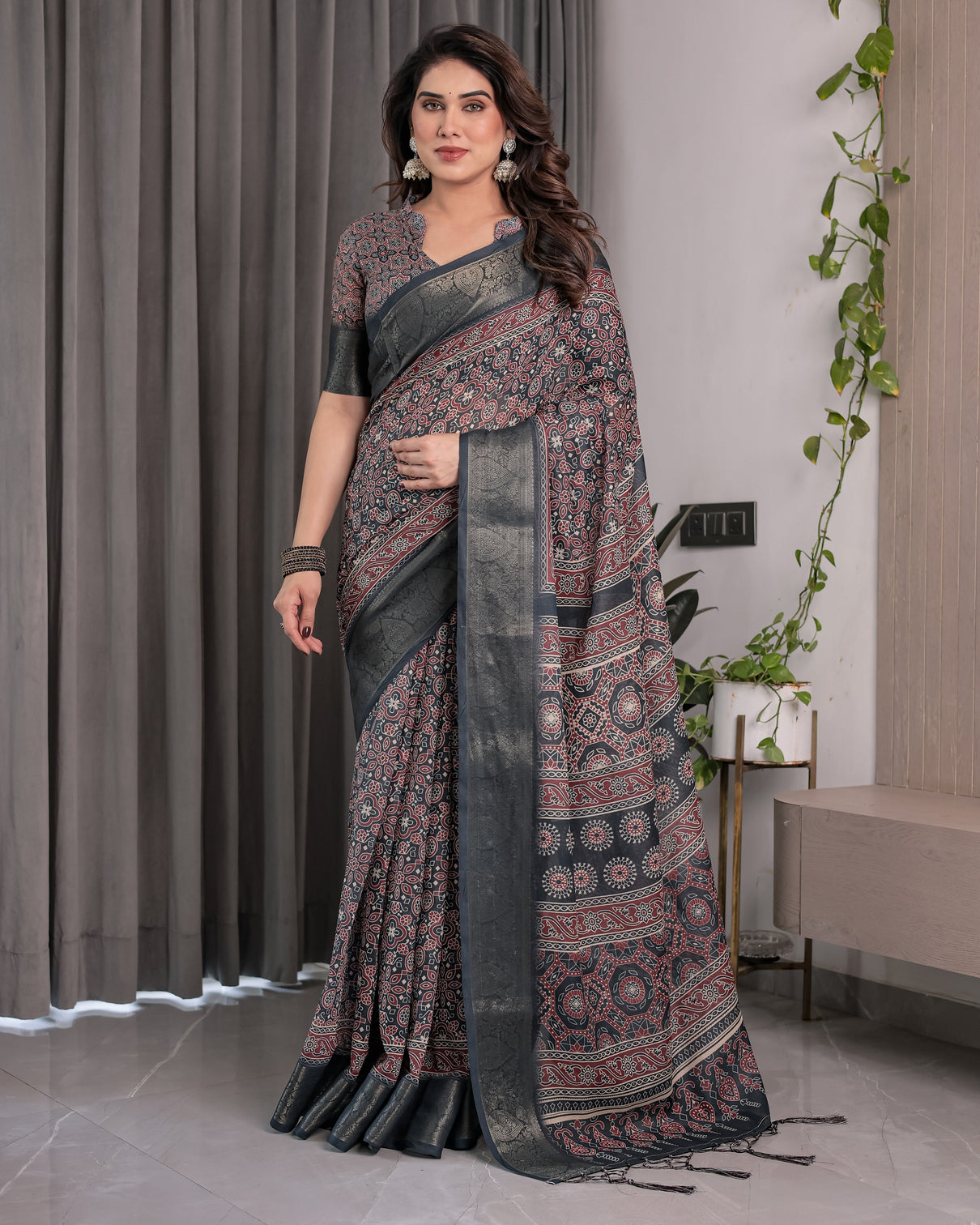 Heritage charcoal black handloom linen saree with ajrakh inspired print