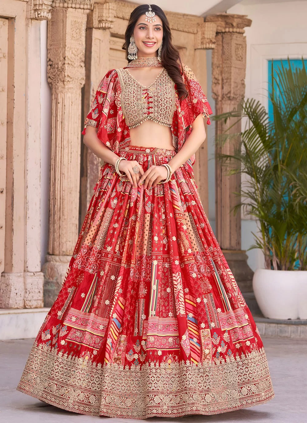 Charming red chinnon silk embroidered lehenga choli for engagement with chiffon dupatta