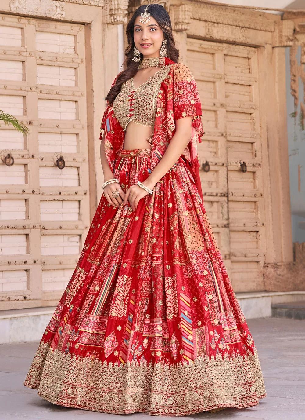 Charming red chinnon silk embroidered lehenga choli for engagement with chiffon dupatta