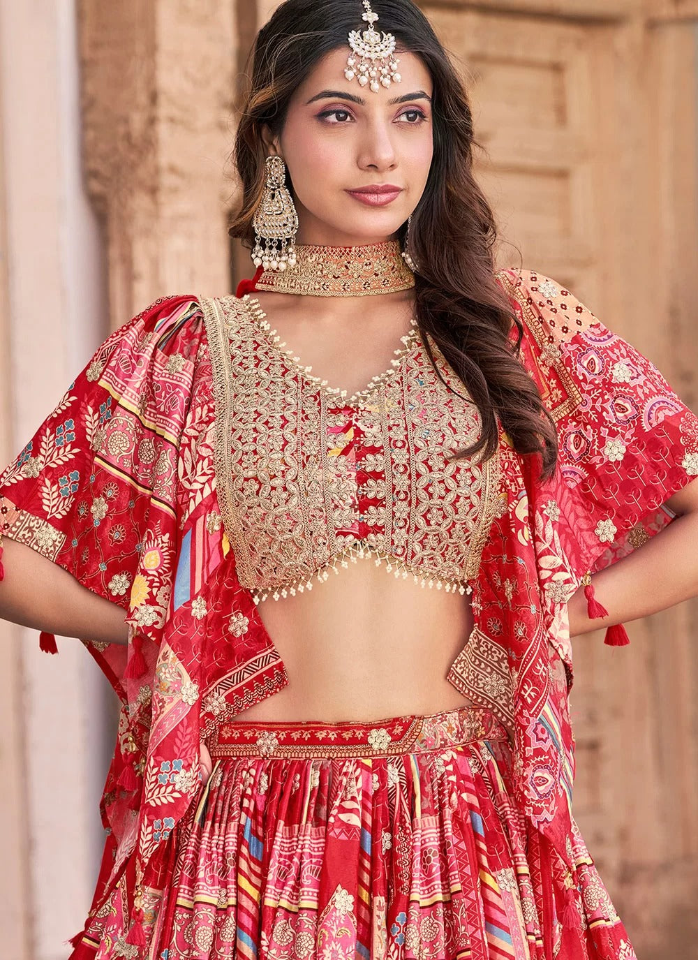 Charming red chinnon silk embroidered lehenga choli for engagement with chiffon dupatta