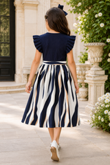 Girls Navy Blue Ribbed Dress with Striped A-Line Skirt & Waist Bow