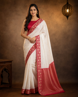 White Contrast with red border - Pure Katan Georgette Banarasi Saree