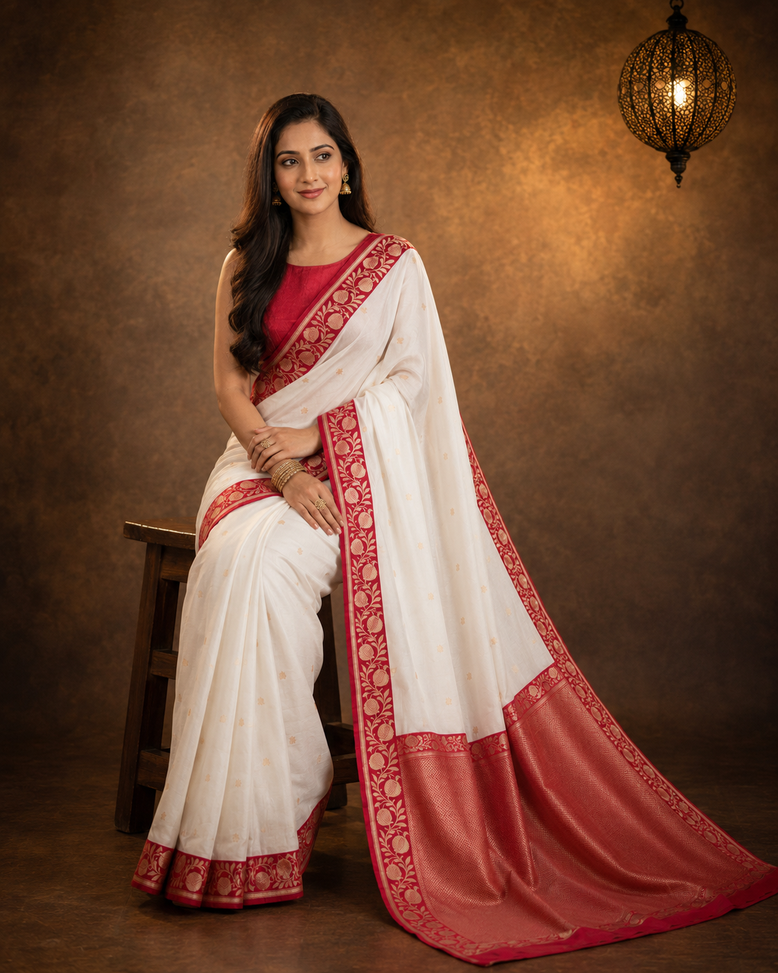 White Contrast with red border - Pure Katan Georgette Banarasi Saree