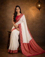 White Contrast with red border - Pure Katan Georgette Banarasi Saree