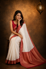 White Contrast with red border - Pure Katan Georgette Banarasi Saree