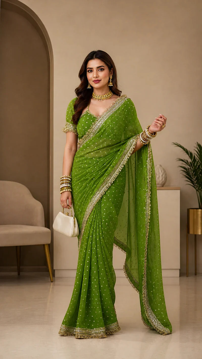 Graceful green viscose saree with embroidered lace border mameraa