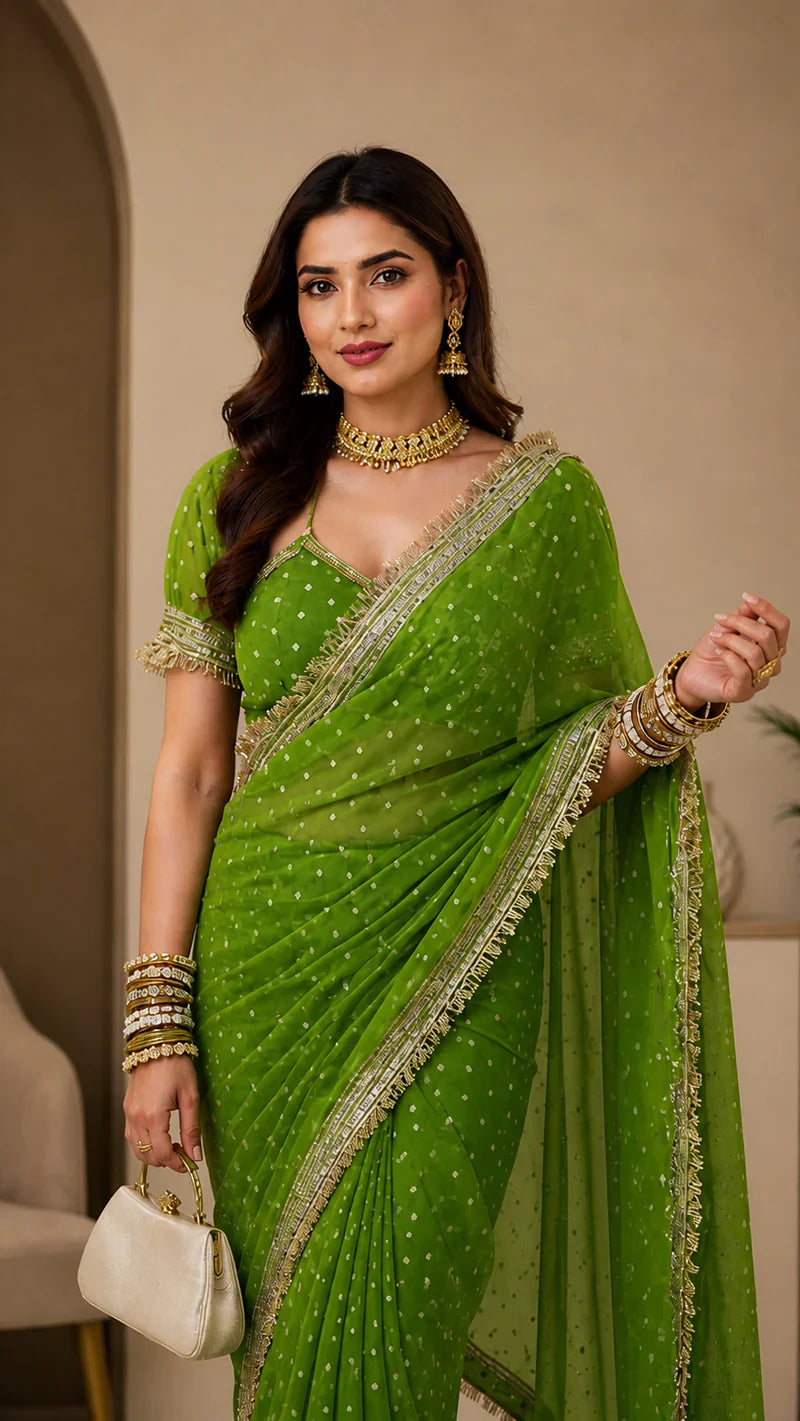 Graceful green viscose saree with embroidered lace border