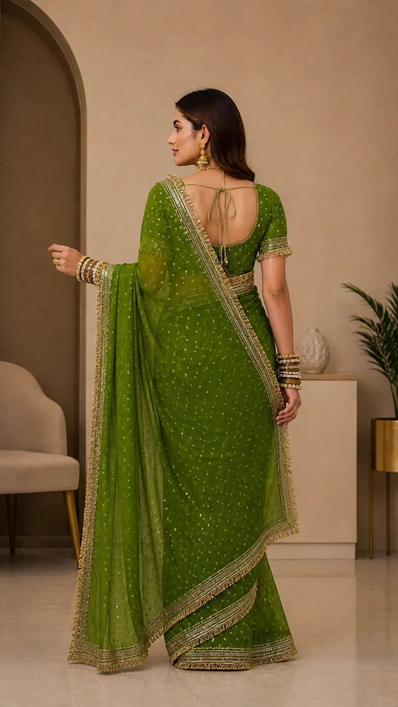 Graceful green viscose saree with embroidered lace border