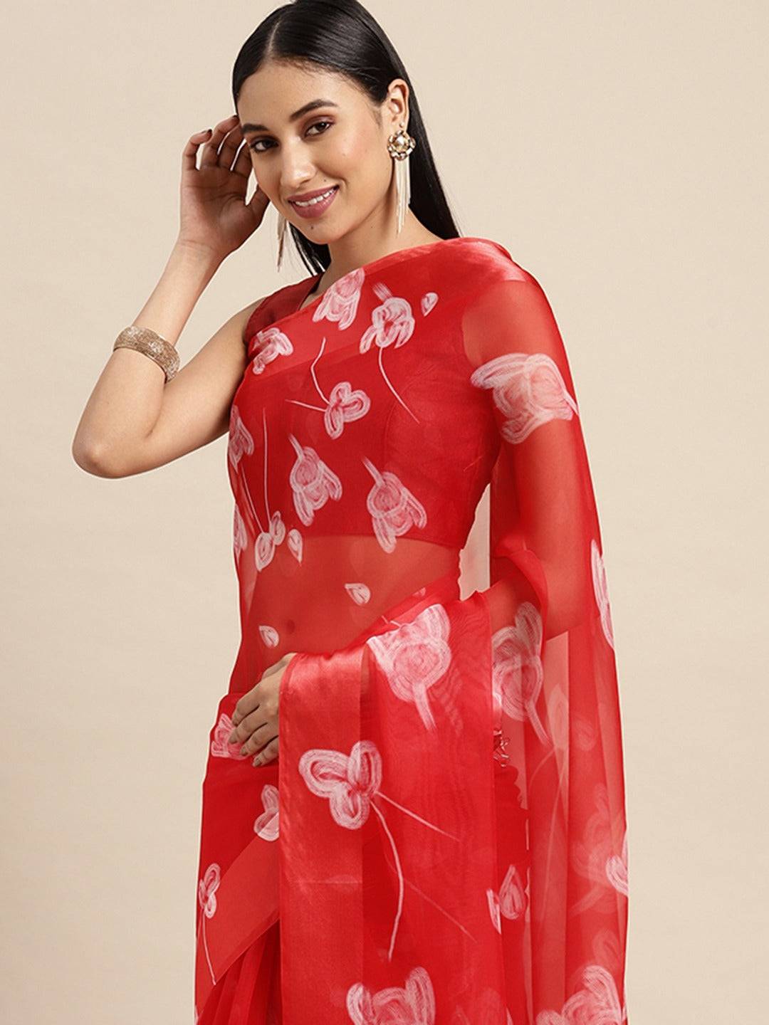 Red Soft Organza Saree with Satin Border and Flower Digital Print