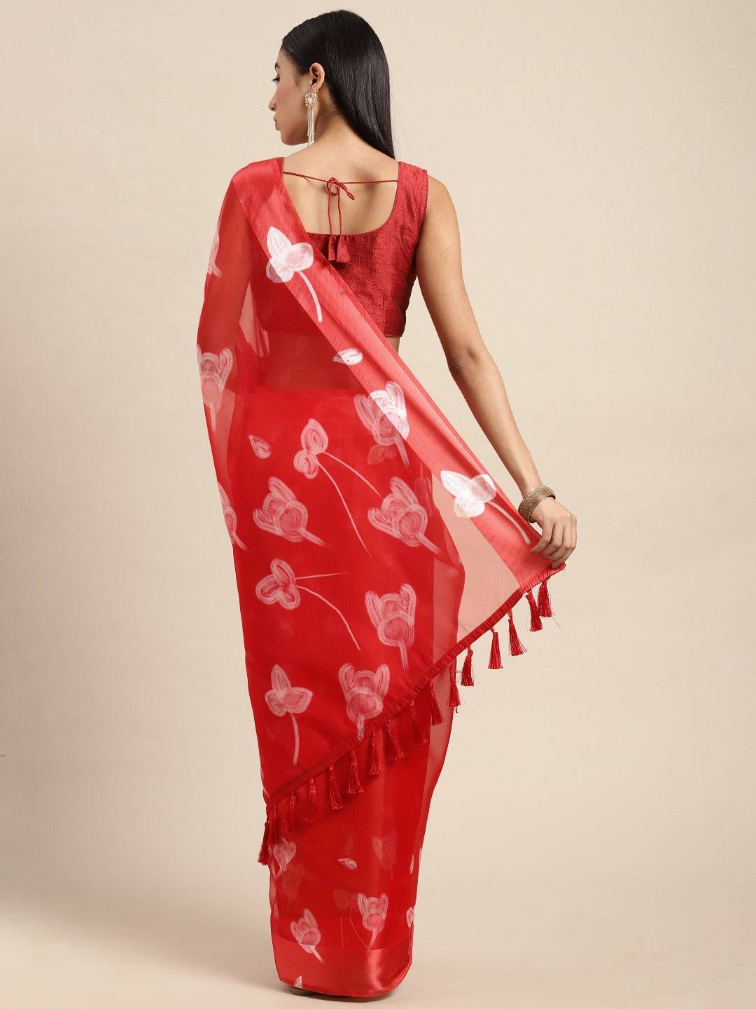 Red Soft Organza Saree with Satin Border and Flower Digital Print