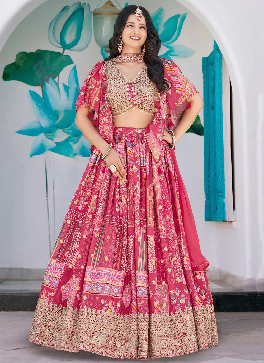 Chic pink multicolor printed chinnon silk embroidered lehenga choli with chiffon dupatta
