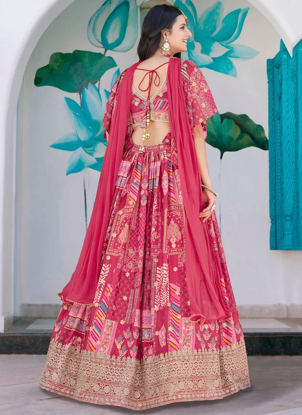 Chic pink multicolor printed chinnon silk embroidered lehenga choli with chiffon dupatta