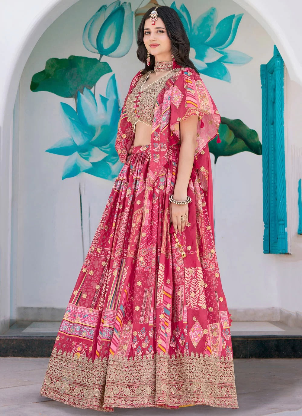 Chic pink multicolor printed chinnon silk embroidered lehenga choli with chiffon dupatta