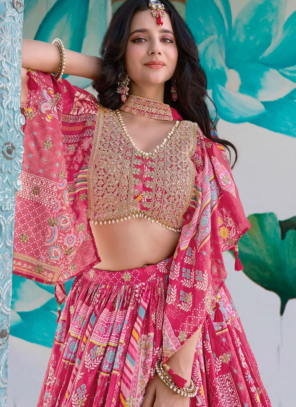 Chic pink multicolor printed chinnon silk embroidered lehenga choli with chiffon dupatta