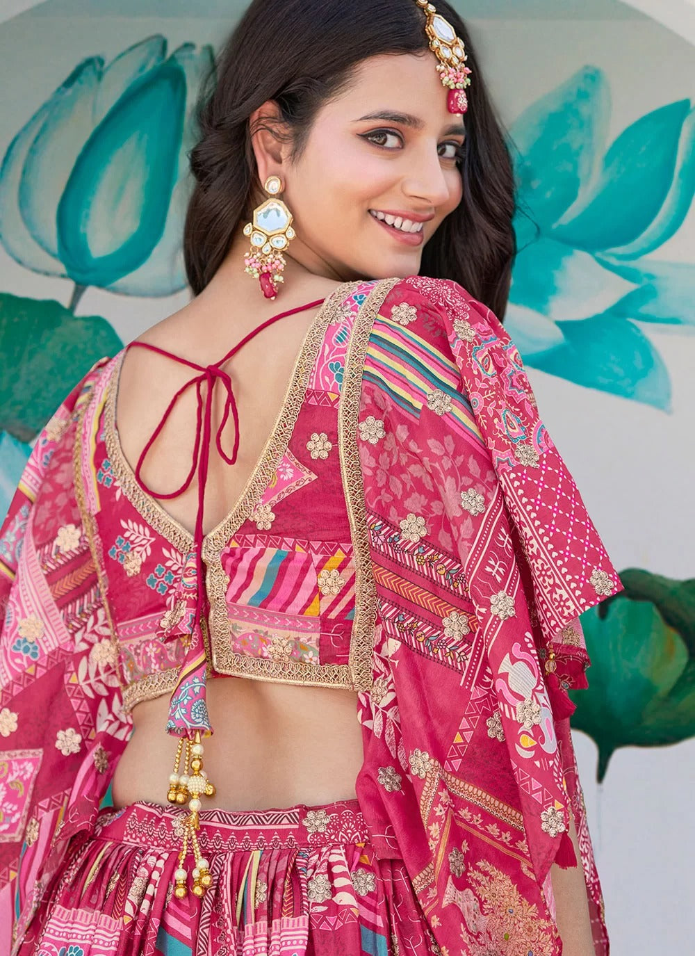 Chic pink multicolor printed chinnon silk embroidered lehenga choli with chiffon dupatta