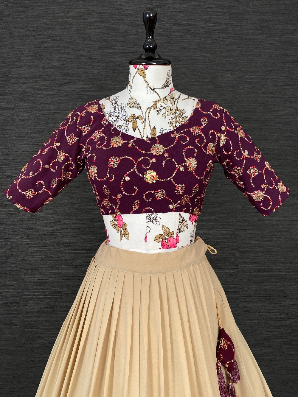 Chiku Color Thread And Sequins Embroidery Work Georgette Lehenga Choli And Dupatta With Belt
