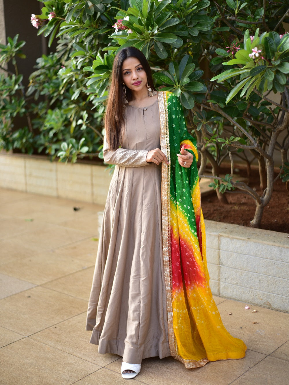 Chiku Color Chinon Anarkali Gown With Bandhani Dupatta