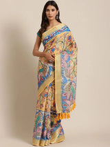Beautiful Linen Blend Blue Colour Kalamkari Print Saree