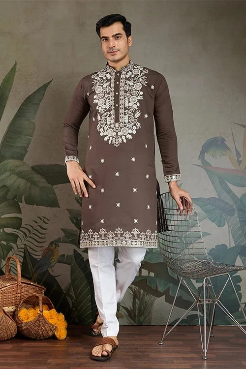 Wedding Functions Chocolate Gray Embroidered Kurta
