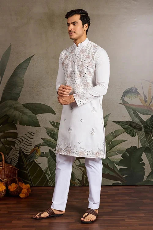 Classic White Mirror with Embroidered Work Kurta for Weddings