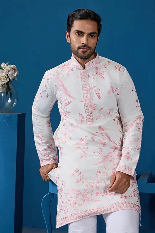 Classic White Viscose Silk Festive Kurta for Mens