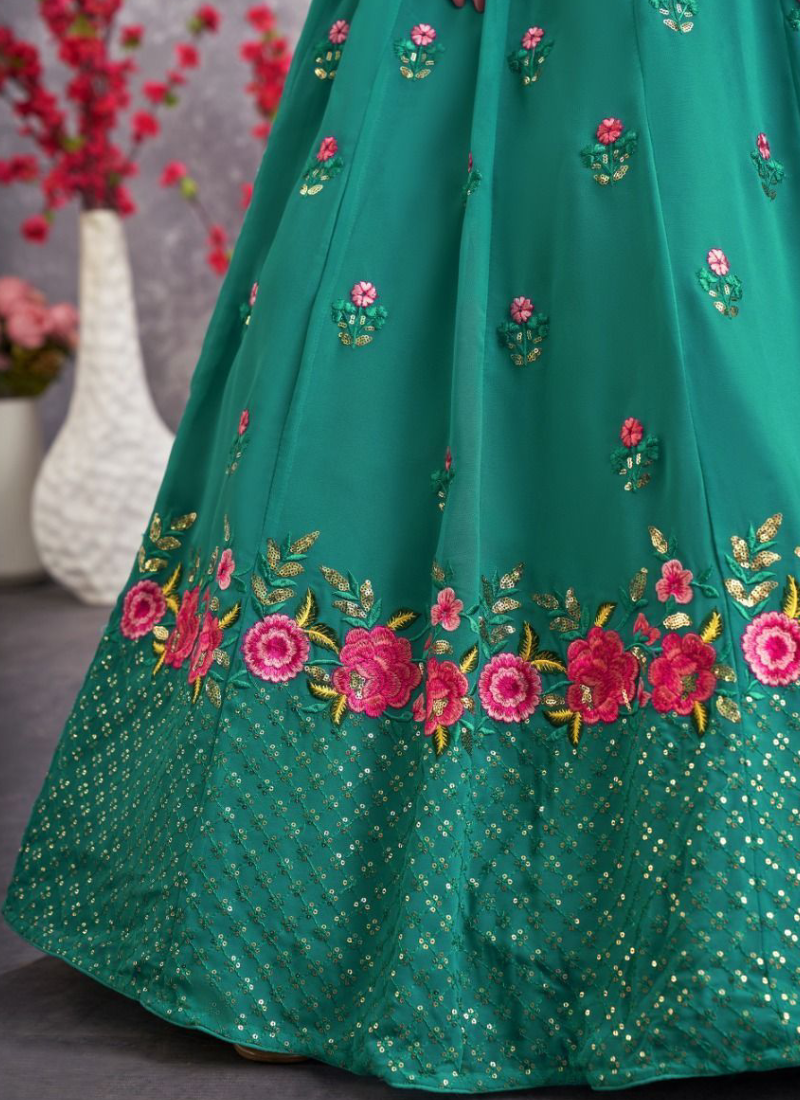 Classic Georgette Firozi Blue Thread Embroidered Lehenga Choli