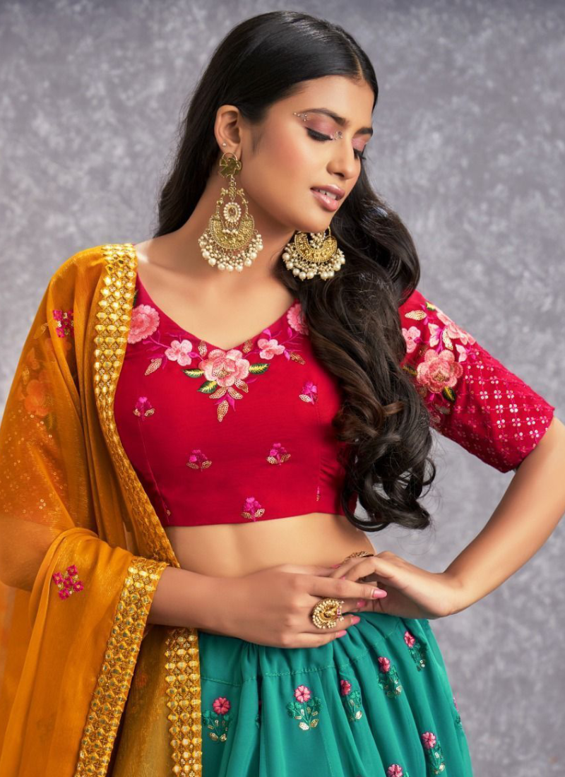 Classic Georgette Firozi Blue Thread Embroidered Lehenga Choli