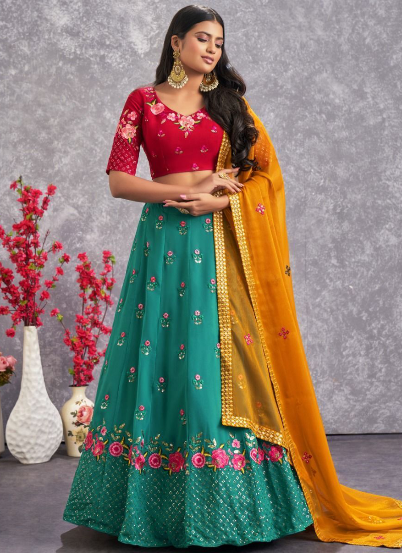Classic Georgette Firozi Blue Thread Embroidered Lehenga Choli