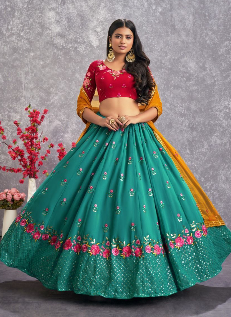 Classic Georgette Firozi Blue Thread Embroidered Lehenga Choli