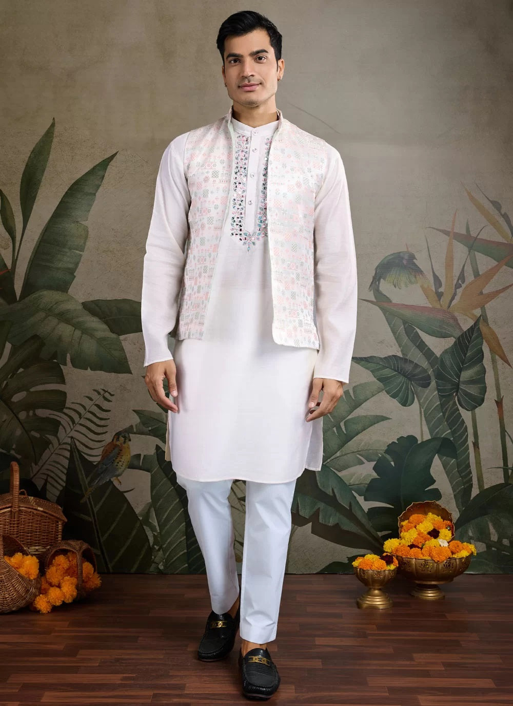 Classic white mirror work kurta with waistcoat for men