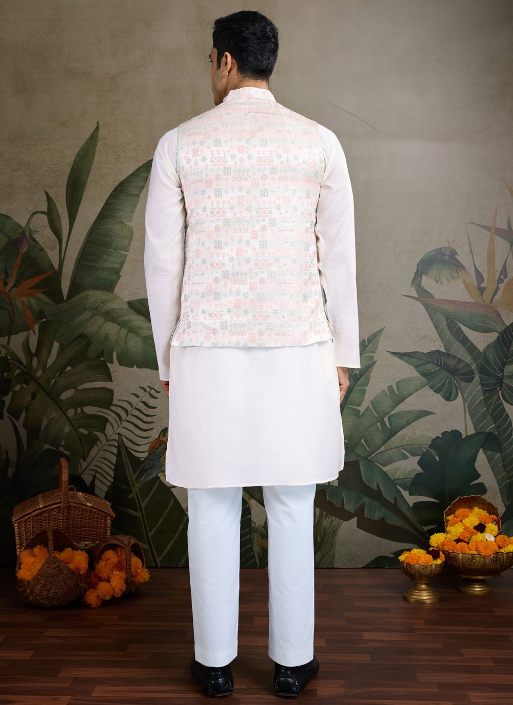 Classic white mirror work kurta with waistcoat for men