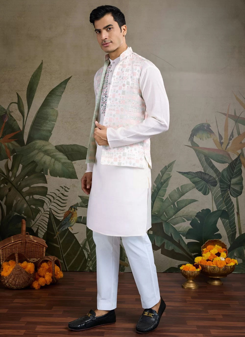 Classic white mirror work kurta with waistcoat for men
