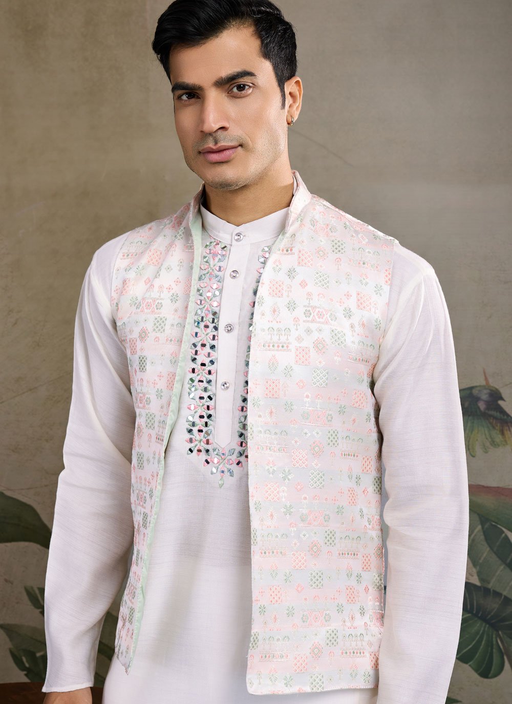 Classic white mirror work kurta with waistcoat for men