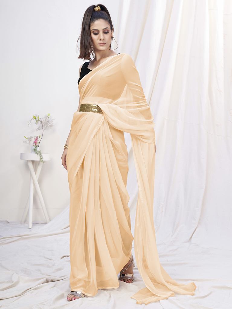 Classy Cream Pre-Stitched Blended Silk Saree