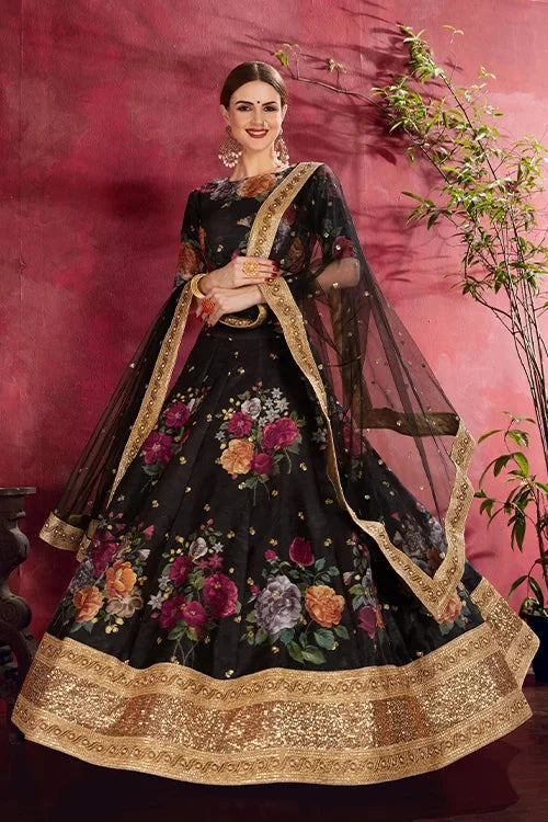Collection For Women Floral Printed Lehenga Choli Black Colour