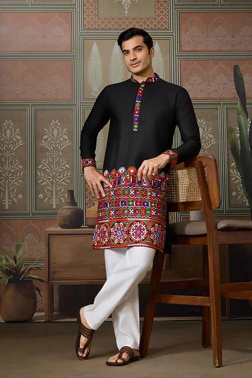 Black Cotton Silk Traditional Ready Kurta for Navratri