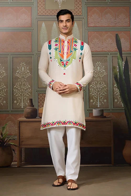 Cream Embroidered Festival Wear Kurta for Men