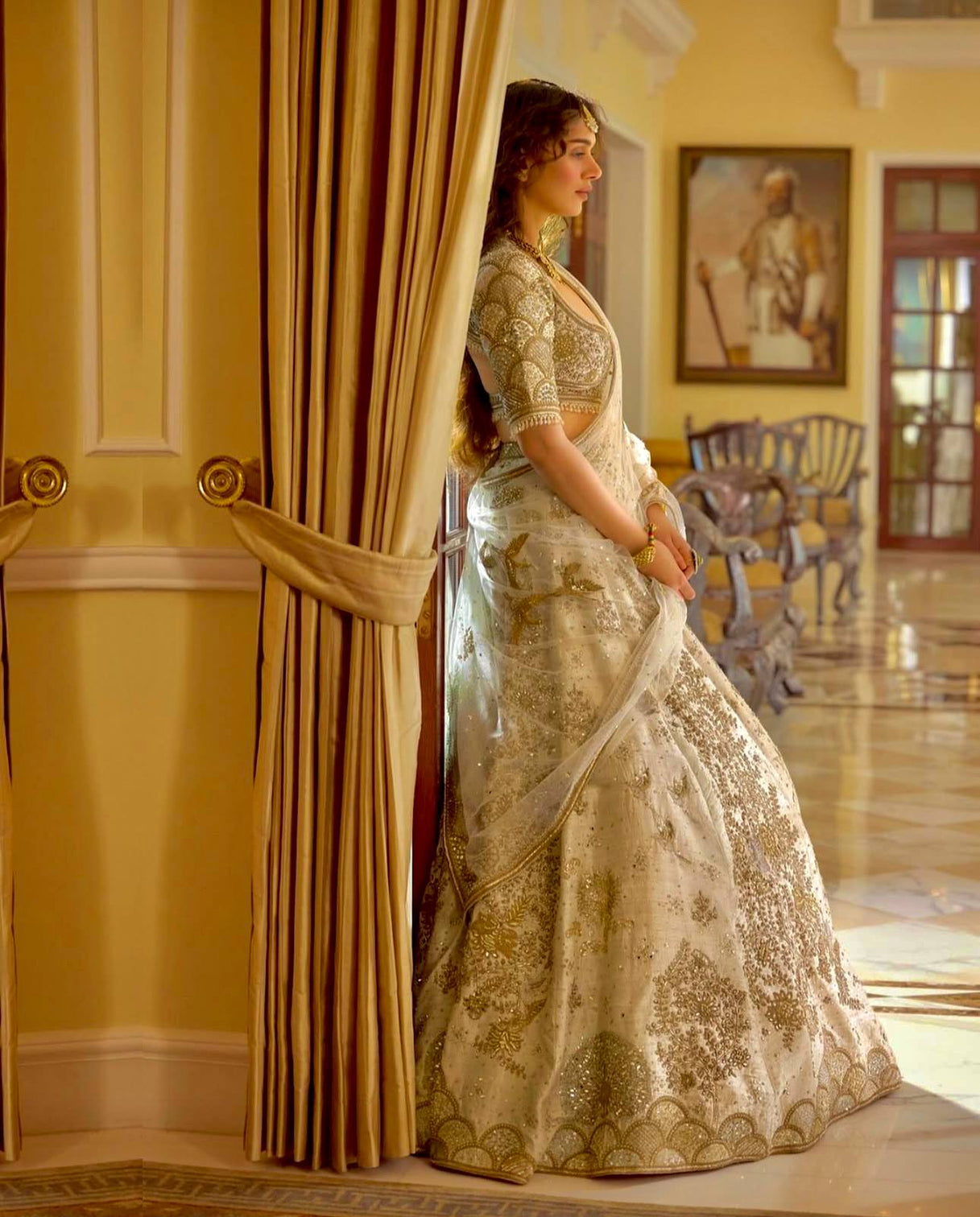 Cream Heavy Slub Silk Lehenga with Sequins, Dori & Zari Work, Matching Blouse & Net Dupatta