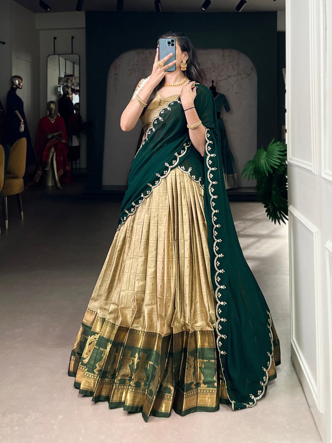 Cream Traditional Poly Cotton Lehenga with Zari Weaving Work & Georgette Embroidered Dupatta – Stitched Lehenga with Unstitched Blouse