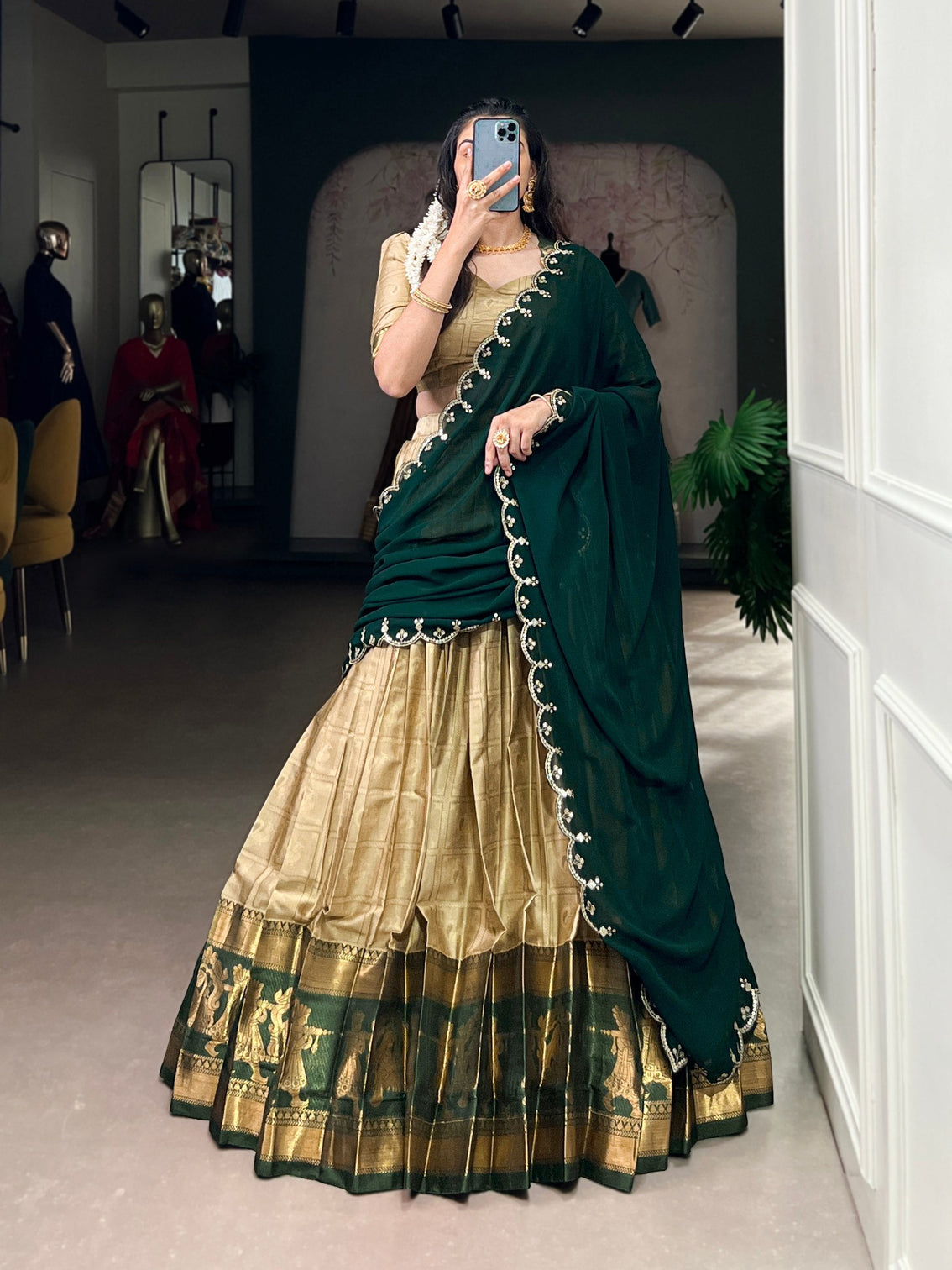 Cream Traditional Poly Cotton Lehenga with Zari Weaving Work & Georgette Embroidered Dupatta – Stitched Lehenga with Unstitched Blouse