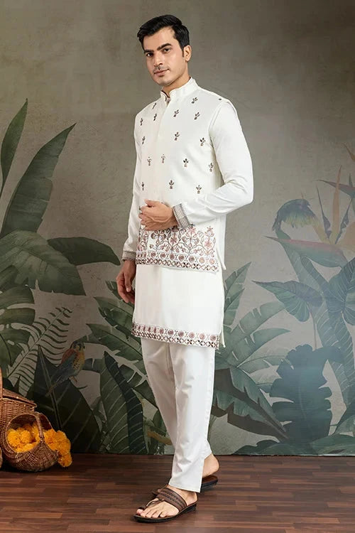 Cultural Function Special White Color Kurta Koti for Men