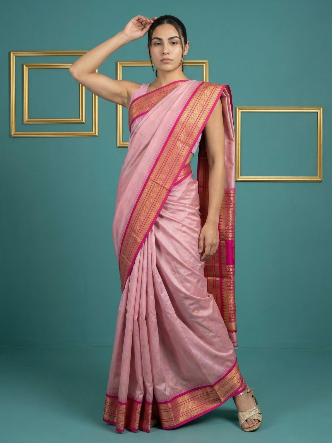 Baby pink soft silk saree with gold zari motifs and contrast pallu