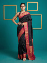 Black Premium Soft Silk Saree Gold Zari Woven Saree Contrast Pallu Festive Saree With Blouse