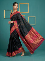 Black Premium Soft Silk Saree Gold Zari Woven Saree Contrast Pallu Festive Saree With Blouse