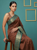 Coffee Premium Soft Silk Saree Gold Zari Woven Saree Contrast Pallu Festive Saree With Blouse