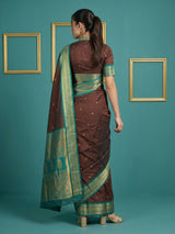 Coffee Premium Soft Silk Saree Gold Zari Woven Saree Contrast Pallu Festive Saree With Blouse