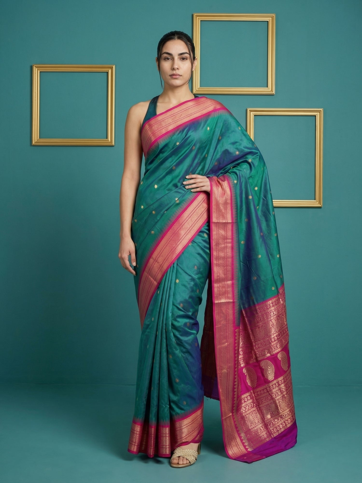 PGREEN Premium Soft Silk Saree Gold Zari Woven Saree Contrast Pallu Festive Saree With Blouse