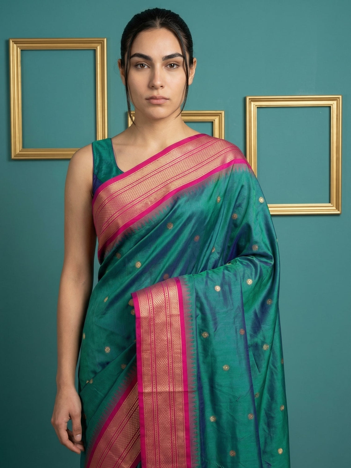Elegant soft silk saree with golden zari motifs and contrast pallu